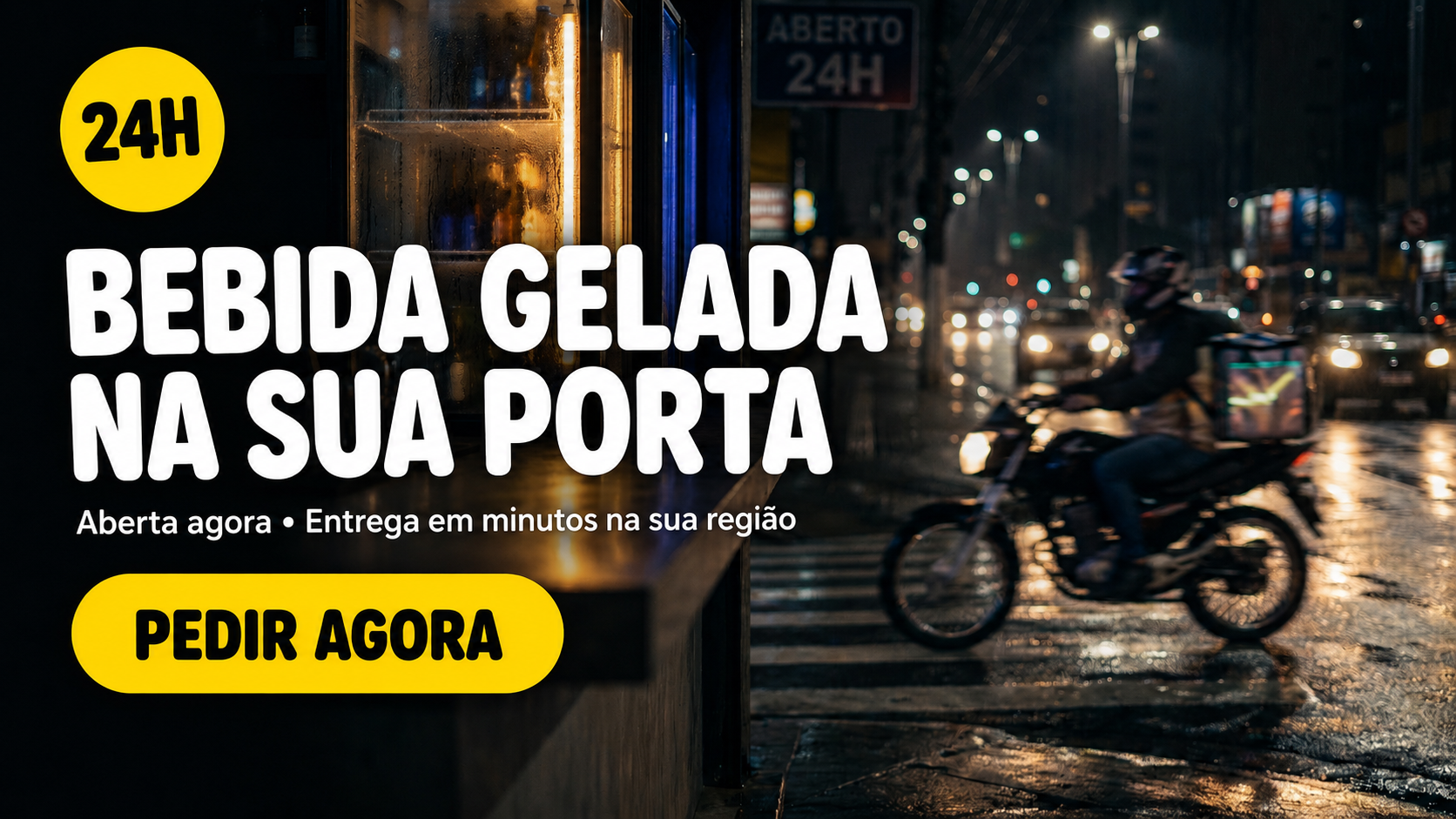 Bebida gelada na sua porta — aberta agora, entrega em minutos na sua região